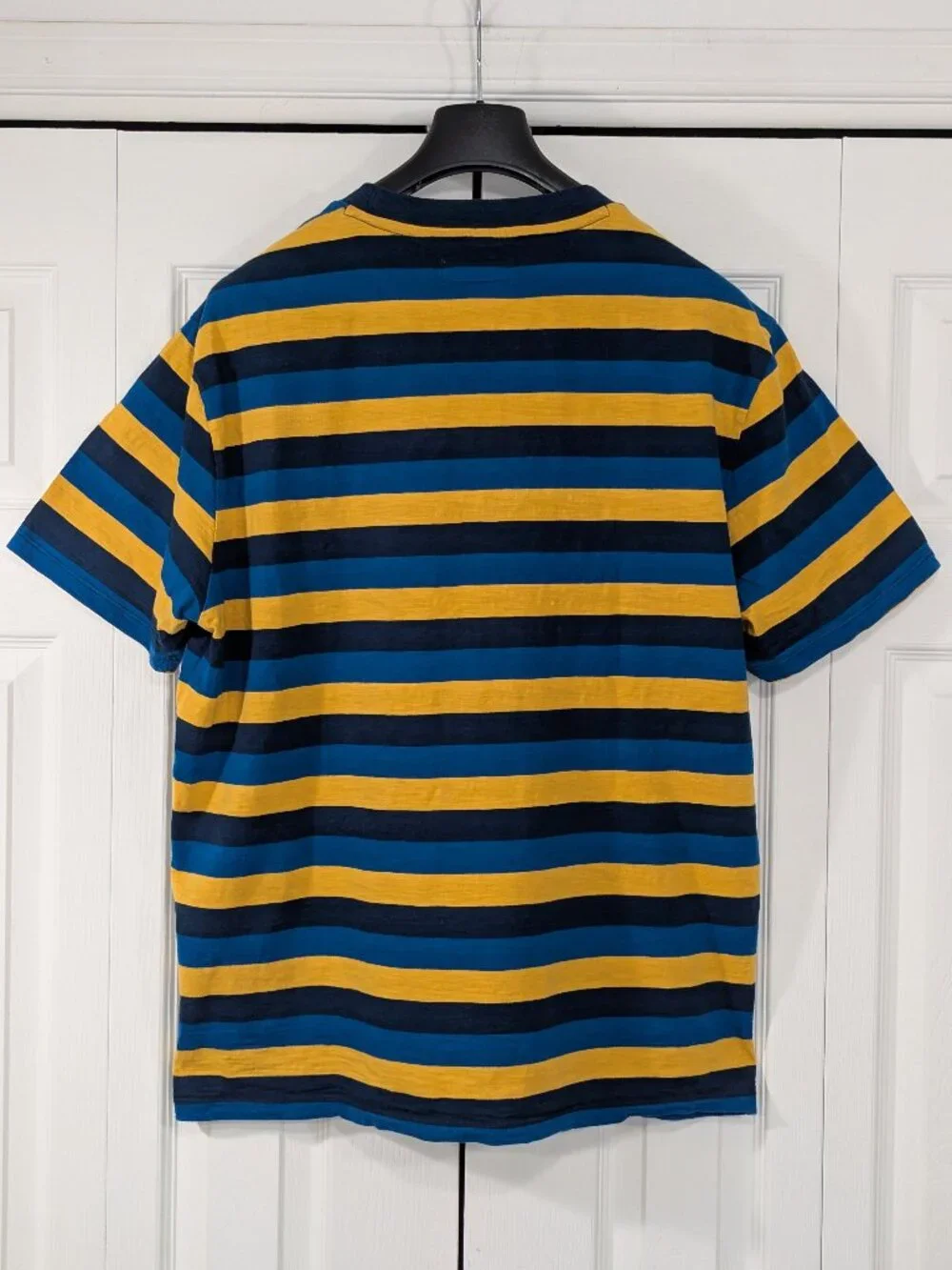 Guess Originals Embroidered Logo Striped Blue and Yellow T-Shirt - Picture 2 of 10